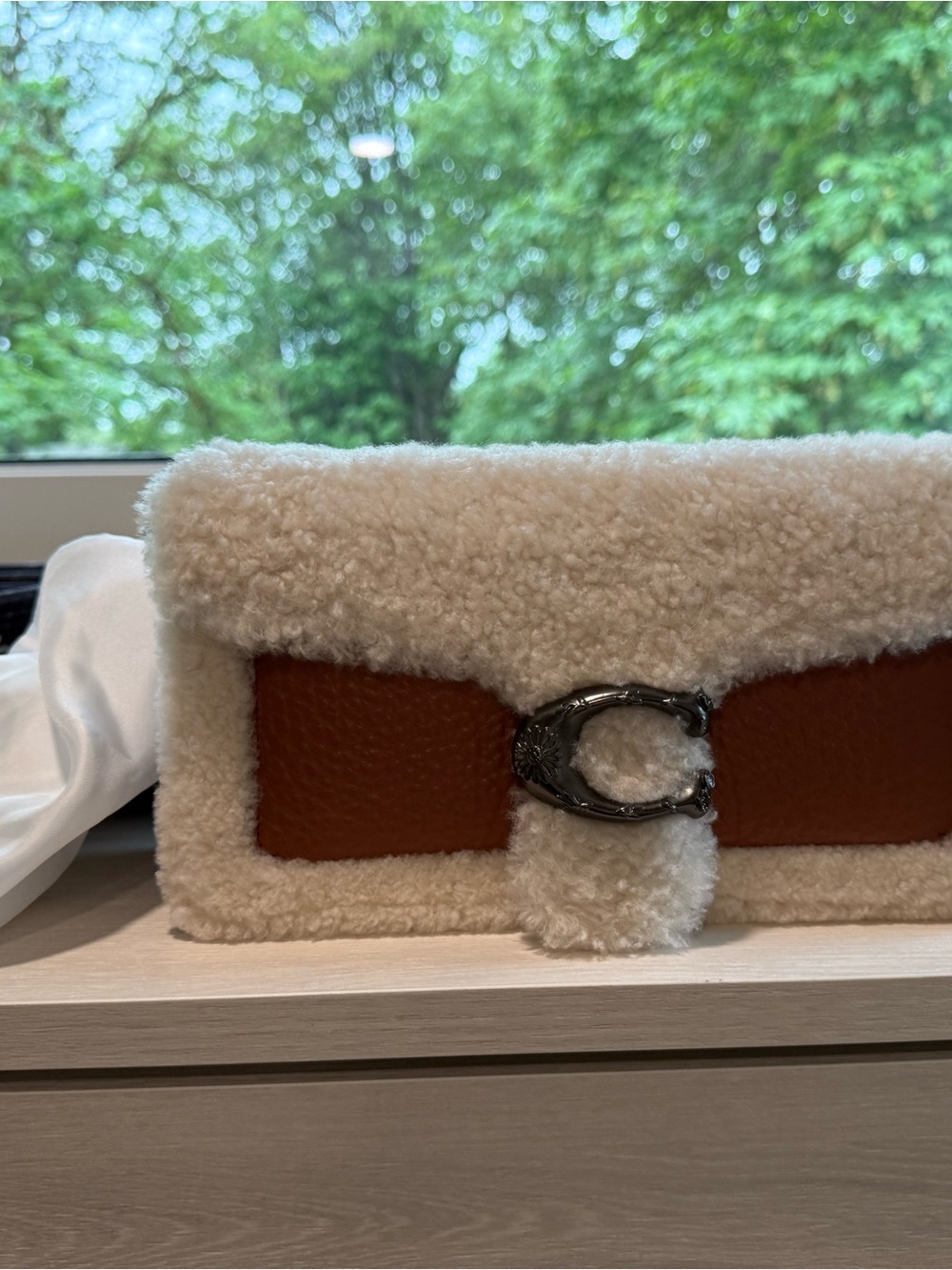 Coach Cream Shearling Clutch with Saddle Leather Trim